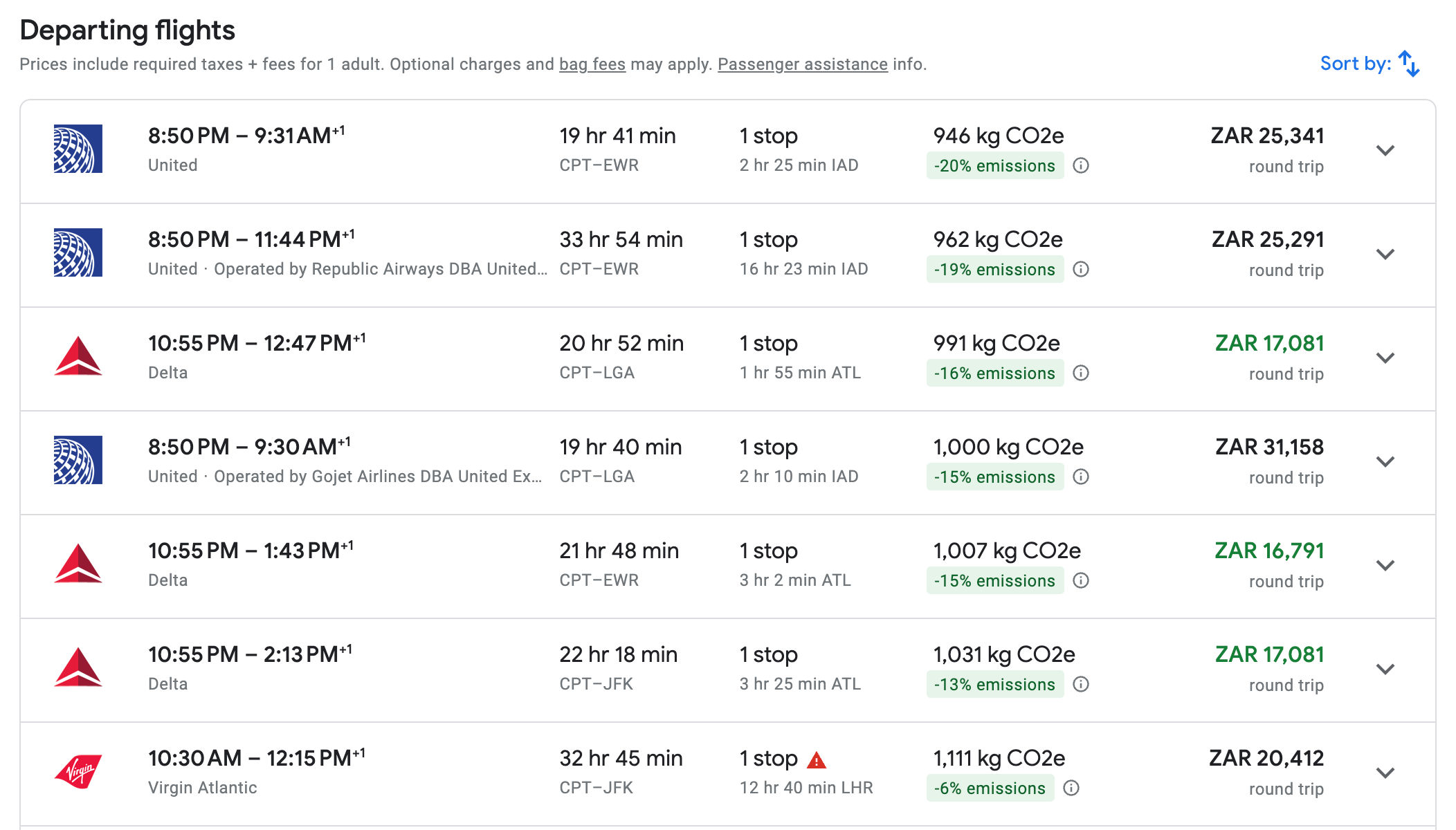 A screenshot of Google Flights showing flights sorted according to carbon emissions.